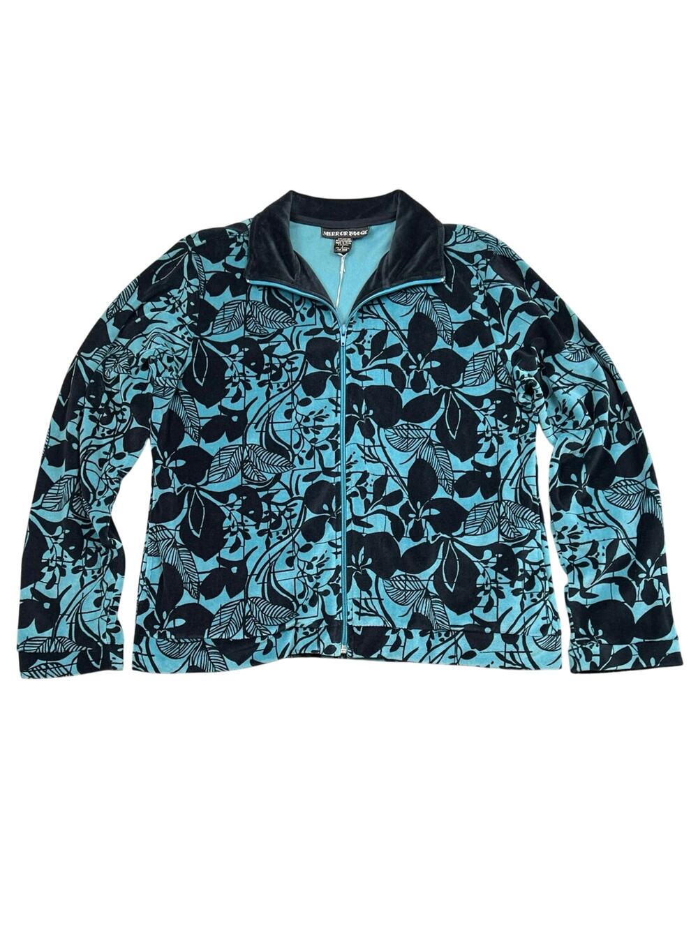 NWT Mirror Image Teal and Black Floral Zip Jacket Velour Trim - L